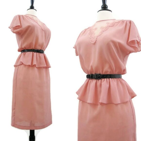 Vintage 80s Pink Peplum Dress Victorian Inspired Lace Crepe Nu-Mode - Picture 4 of 5